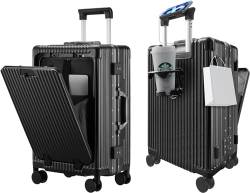 TurelinnG Koffer,24 Zoll Aluminiumrahmen Suitcase mit Spinner-Rädern, Eingebautes TSA-Schloss, mit USB-Anschluss & Becherhalter & Telefonhalter Harter Handgepäck Koffer & Trolleys(Schwarz) von TurelinnG