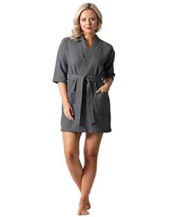 Damen knielang Waffel Weave Kimono Bademantel Kurz Spa Robe - Grau - Einheitsgröße von Turkish Linen