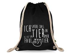 Turnbeutelliebe® Turnbeutel mit Spruch - Ich spüre das Tier in mir, es ist ein Faultier - Baumwolle schwarz - Sportbeutel - Rucksack - 37 x 46 cm von Turnbeutelliebe