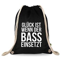 Turnbeutelliebe® Turnbeutel mit Spruch - Techno-Musik - verschiedene Motive - Baumwolle schwarz - Sportbeutel - Rucksack - ca. 12 Liter - 37 x 46 cm (Glück ist wenn der Bass einsetzt) von Turnbeutelliebe