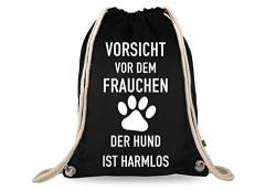 Turnbeutelliebe® Turnbeutel mit Spruch - Vorsicht vor dem Frauchen der Hund ist harmlos - Baumwolle schwarz - Sportbeutel - Rucksack - 37 x 46 cm von Turnbeutelliebe