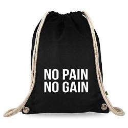 Turnbeutelliebe® Turnbeutel mit Spruch - lustige Motive & Sprüche - bedruckt - Baumwolle schwarz - Sportbeutel - Rucksack - ca. 12 Liter - 37 x 46 cm (no Pain no gain) von Turnbeutelliebe