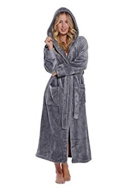 Plüsch-Bademäntel für Damen, weicher warmer Fleece-Bademantel für Damen, langer bequemer Damenmantel, Grau mit Kapuze, Medium von Turquaz