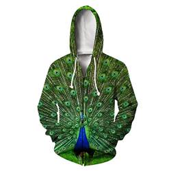 Herren Damen 3D-Druck Tier Pfau Langarm Jacke Sport Pullover Zipper Hoodies, 04, XXXL von Tushja