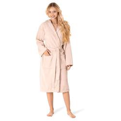 Bademantel Damen - 100% Baumwolle (350g/m²) OEKO-TEX® Zertifiziert - Morgenmantel Damen mit Kapuze, 2 Taschen, Gürtel - Beige - L von Twinzen