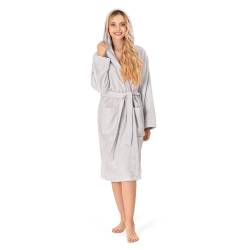 Bademantel Damen - 100% Baumwolle (350g/m²) OEKO-TEX® Zertifiziert - Morgenmantel Damen mit Kapuze, 2 Taschen, Gürtel - Grau - XS von Twinzen