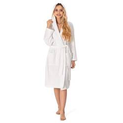 Bademantel Damen - 100% Baumwolle (350g/m²) Oeko-TEX® Zertifiziert - Morgenmantel Damen mit Kapuze, 2 Taschen, Gürtel - Weiß - XS von Twinzen