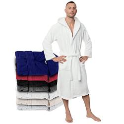 Twinzen Bademantel Herren - XXL - Weiß - 100% Baumwolle (350g/m²) OEKO-TEX® Zertifiziert - Bademantel mit Kapuze, 2 Taschen, Gürtel von Twinzen