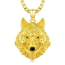 Twoowl Herren Wolf Kopf Halskette 925 Sterling Silber Gold Wolf Anhänger Fenrir Halskette Nordic Pagan Punk Herrenschmuck Keltischer Wolf Geschenk, Sterling Silber von Twoowl