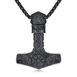 Twoowl Mjolnir Halskette Sterling Silber Schwarz Gold Wikinger Kompass Anhänger Thor Hammer Halskette Rabe Halskette Nordische Runen Vegvisir Amulett Schmuck Geschenke für Frauen Männer von Twoowl