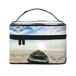 Blaue Blumen-Druck-Make-up-Tasche,Tragbare Kosmetiktasche,Große Kapazität Reise-Make-up-Kasten-Organisator, Boot Strand Sonnenaufgang Zeit, Einheitsgröße von TyEdee