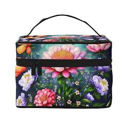 Kosmetiktasche mit Blumenmotiv und Eiffelturmen und Eiffelturmen, tragbare Kosmetiktasche, große Kapazität, Reise-Make-up-Kasten-Organizer, Blumen-Diamantbild., Einheitsgröße von TyEdee