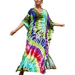 Tyidalin Damen Kaftan Sommer Strandkleid Lang Übergröße Strandponcho Tunika Maxi Pareo Boho Kimono Blumendruck (Farbe 26, Einheitsgröße) von Tyidalin