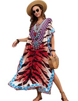 Tyidalin Damen Strandkleid Boho Strandponcho Maxi Lange Pareo Sommerkleid Maxikleid Lose Kaftan Blumendruck für Urlaub (Farbe 22, Einheitsgröße) von Tyidalin