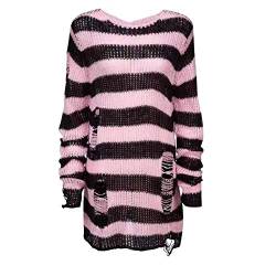 U/A Halloween Gothic Strickpullover, Damen, lang, gestreift, locker, Winter, zerrissen, Übergröße, rose, One size von U/A