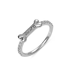 Personalisierter Hund Knochenring mit Namensgravur und Hund Pfotenmuster Platin 925 Sterling Silber Kundenspezifische Haustierschmuck für Hundeliebhaber Mädchen Frauen Geburtstagsgeschenk von U/D