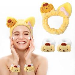 3-teiliges Set für Gesichtswäsche, Stirnband und Armband, Kitty Spa-Stirnband, Cartoon-Make-up, Hautpflege, Stirnbänder, Mikrofaser-Handgelenkbänder zum Waschen des Gesichts (gelb) von U-CHYTY