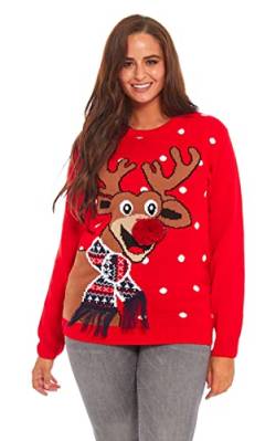 Damen Weihnachtspullover Lustig Unisex Hässliche Pulli Strickpullover Ugly Weihnachtspulli mit weihnachtlichen Motiven für Damen Herren Weihnachtsparty, XXL, Rote Nase Pom Pom-rot von U LOOK UGLY TODAY