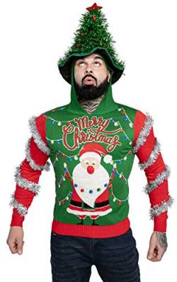 Herren Hässlicher Weihnachtspullover Hoodie, lustiger gestrickter Kapuzenpullover für Weihachten mit Elfen-Ren und Weihnachtsbaum, festliches Unisexweihnachtspullover-Sweatshirt für Party von U LOOK UGLY TODAY