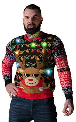 Herren Weihnachtspullover Lustig Sweater Pulli Hässlich Xmas Strickpullover Weihnachtspulli mit weihnachtlichen Motiven für WeihnachtspartyRudy Lit UpL von U LOOK UGLY TODAY