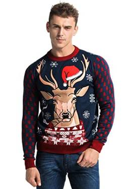 Herren Weihnachtspullover Unisex Hässliche Pulli Lustig Strickpullover Ugly Weihnachtspulli -Langarm, Rentier & Weihnachtsmann & Schneemann,BlauA Leuchten Weihnachten,M von U LOOK UGLY TODAY