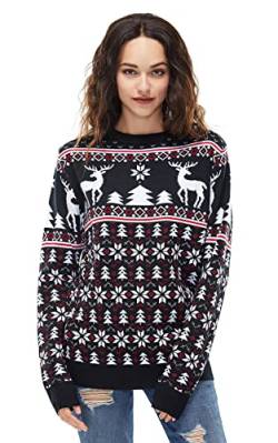 U LOOK UGLY TODAY Hässlicher Weihnachtspullover, Unisex Lustiger Chunky Fair Isle Gestrickter Festlicher Pullover für Party Reindeer and Snowflakes on Fleek-Schwarz M von U LOOK UGLY TODAY