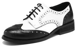 U-lite Damen Perforierte Schnürschuhe Wingtip Leder Flache Oxfords Vintage Oxford Schuhe Brogues, (schwarz / weiß), 38.5 EU von U-lite