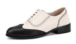 U-lite Oxford-Schuhe für Damen, perforiert, mit Flügelspitze, mehrfarbig, Leder, flach, Vintage-Stil, Black Off White-dq22, 36 EU von U-lite