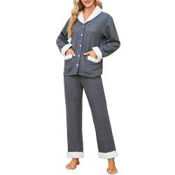 U2SKIIN Damen Schlafanzug Pyjama Schlafanzüge für Damen weich warm Pyjama Set Loungewear Nachtwäsche Langarm Button Down Pjs (Dunkelgrau Mel., 2XL) von U2SKIIN