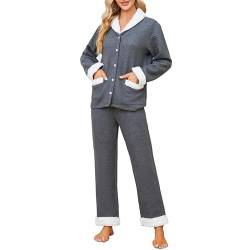 U2SKIIN Damen Schlafanzug Pyjama Schlafanzüge für Damen weich warm Pyjama Set Loungewear Nachtwäsche Langarm Button Down Pjs (Dunkelgrau Mel., XL) von U2SKIIN
