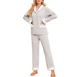 U2SKIIN Damen Schlafanzug Pyjama Schlafanzüge für Damen weich warm Pyjama Set Loungewear Nachtwäsche Langarm Button Down Pjs (Hellgrau Mel., XL) von U2SKIIN