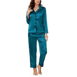 U2SKIIN Satin Pyjama Damen lang, Seiden Schlafanzug Damen Langarm Pyjama Set mit Knopfleiste Nachtwäsche Hausanzug Loungewear (Blaugrün, M) von U2SKIIN