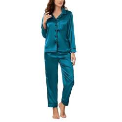 U2SKIIN Satin Pyjama Damen lang, Seiden Schlafanzug Damen Langarm Pyjama Set mit Knopfleiste Nachtwäsche Hausanzug Loungewear (Blaugrün, S) von U2SKIIN