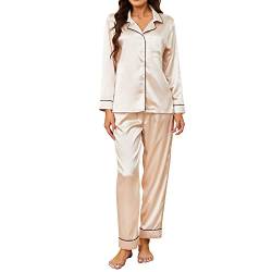 U2SKIIN Satin Pyjama Damen lang, Seiden Schlafanzug Damen Langarm Pyjama Set mit Knopfleiste Nachtwäsche Hausanzug Loungewear (Champagner, M) von U2SKIIN