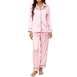 U2SKIIN Satin Pyjama Damen lang, Seiden Schlafanzug Damen Langarm Pyjama Set mit Knopfleiste Nachtwäsche Hausanzug Loungewear (Rosa, L) von U2SKIIN