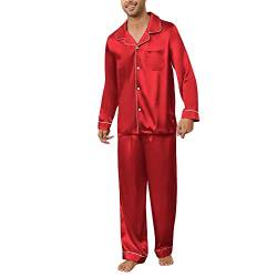 U2SKIIN Satin Pyjama Herren lang, Seiden Schlafanzug Herren Langarm Pyjama Set mit Knopfleiste Nachtwäsche Hausanzug Loungewear (Rot, L) von U2SKIIN