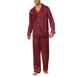 U2SKIIN Satin Pyjama Herren lang, Seiden Schlafanzug Herren Langarm Pyjama Set mit Knopfleiste Nachtwäsche Hausanzug Loungewear (Weinrot, L) von U2SKIIN