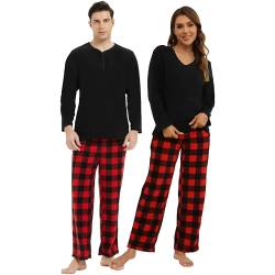 U2SKIIN Schlafanzug Damen Fleece Pyjama lang Karierte Schlafanzüge für Damen Kuschel Pyjama Set warme Nachtwäsche Loungwear (Black/Buffalo Plaid-Red-W, 2XL) von U2SKIIN