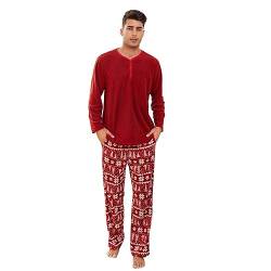 U2SKIIN Schlafanzug Herren Fleece Pyjama lang Karierte Schlafanzüge für Herren Kuschel Pyjama Set warme Nachtwäsche Loungwear (Dark Red/Christmas Tree, XL) von U2SKIIN