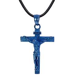 U7 Anhänger Halskette Edelstahl Kreuz INRI Kruzifix Blau Edelstahl Jesus Christus Modeschmuck mit 55cm Kunstleder Kette Katholischen Christian Modeschmuck von U7