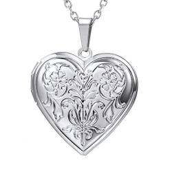 U7 Damen Anhänger Herz Medaillon zum Öffnen Blumen Muster Photo Bilder Weißgold Amulett Souvenir Halskette Custom Locket Fotokette Modeschmuck für Frauen Mädchen Muttertag von U7