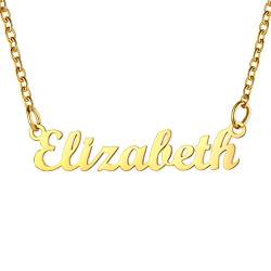 U7 Damen Mädchen Namenskette 18k vergoldet Schlüsselbeinkette mit Schreibschrift Buchstaben Elizabeth Collier 45+5cm Rolokette Modeschmuck Accessoire für Freundin Ehefrau von U7