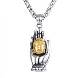U7 Edelstahl Buddha in der Hand Anhänger Halskette Buddhismus Amulett mit 55+5cm Weizenkette Modeschmuck für Männer Frauen Gold-Silber zweifarbig von U7