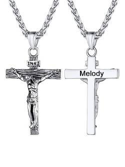 U7 Edelstahl Kreuz Halskette INRI Kruzifix Jesus Christus Anhänger Personalisierte Herren Name Vorname Gravur Modeschmuck 55cm Weizenkette Accessoire für Männer, Silber von U7
