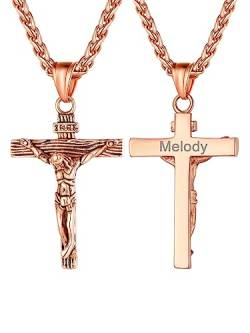 U7 Edelstahl Kreuz Halskette INRI Kruzifix Jesus Christus Anhänger mit 55cm Kette Rosegold vergoldet Katholischen Christian Modeschmuck, Rosegold-Ton von U7