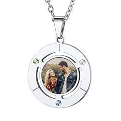 U7 Foto Kette für Männer Frauen Edelstahl Namen Geburtsdatum Gravur Runde Ahänger mit Geburtssteine personalisiert Bilder Halskette Souvenir Andenken Modeschmuck von U7