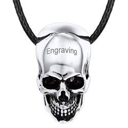 U7 Herren Kette Klassischer Totenkopf Skull Anhänger Halskette personalisiert Edelstahl Biker Gotik Schädel mit Lederkette Punk Rock Halsband Schmuck für Jungen(silber) von U7
