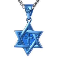 U7 Herren Kette blau Edelstahl Symbol des Judentums Davidstern mit Kreuz 3mm 55cm Weizenkette Hexagramm Anhänger Halskette Judischer Modeschmuck Geschenk für Juden von U7