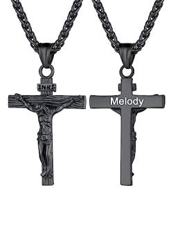 U7 Herren Name Vorname Gravur Modeschmuck Schwarz Edelstahl Kreuz Halskette INRI Kruzifix Jesus Christus Anhänger Personalisierte 55cm Weizenkette Accessoire für Männer von U7