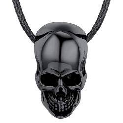 U7 Herren Skull Halskette schwarz Edelstahl Totenkopf Schädel Anhänger mit Lederkette klassischer Gotik Halsband Biker Punk Rock Modeschmuck für Männer von U7